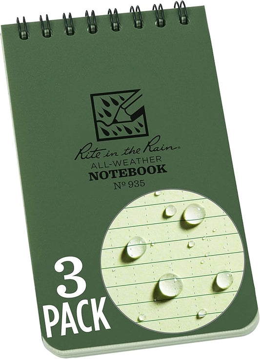 Rite in the Rain Weatherproof Top Spiral Notebook, 3" x 5", Green Cover, Universal Pattern, 3 Pack (No. 935-3)