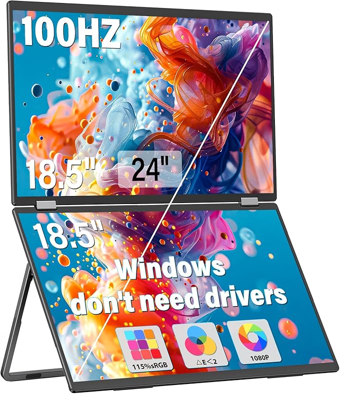 InnoView 18.5" 100Hz Dual Portable Monitor Built-in Speakers 115% sRGB 315°Adjustable Dual Stacked Folding Monitor (Wins/Mac) 1080P Laptop Screen Extender for Laptop(No Driver Needed)