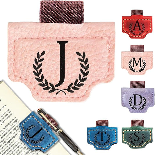 Personalized Bygone Mark Bookmark with Pen Holder, Leather Magnetic Bookmark 26 Letters Name Initial Bookmarks for Readers, Book Lover Gifts for Women Men Notebook Accessories (Pink, J)