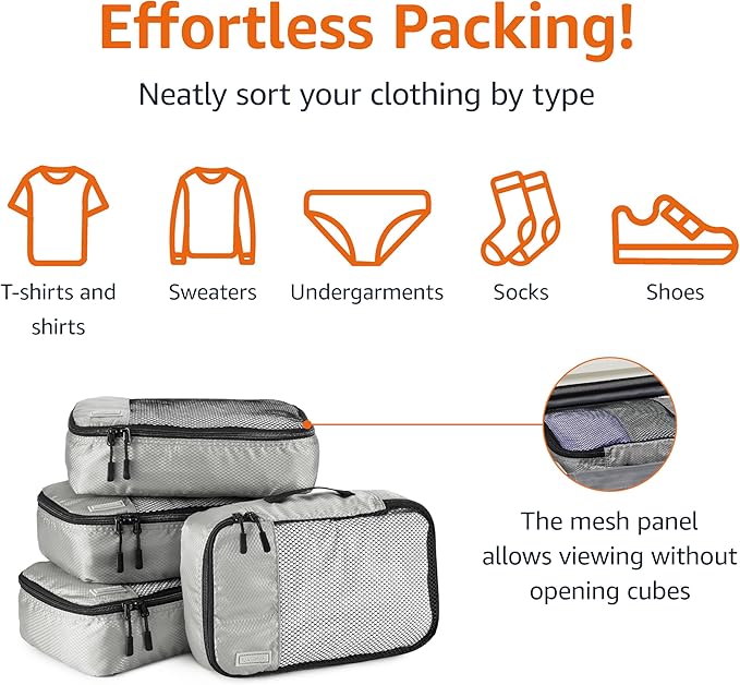 Amazon Essentials 4-Piece Packing Cubes Travel Accessories Set, Luggage Organizer with Double Zipper, Mesh Top, 100% Polyester, Small, Gray (Previously Amazon Basics)