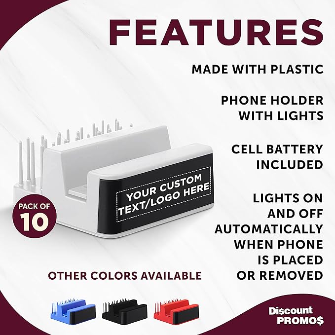 DISCOUNT PROMOS Custom Light Up Logo Phone Stands Set of 10, Personalized Bulk Pack - Essential Smartphone Accessory, Perfect for Office and Home - White