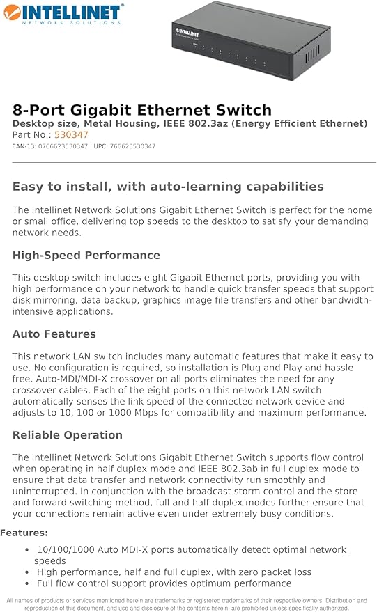 Intellinet 8-Port Gigabit Ethernet Network Switch - Ethernet Splitter - Unmanaged | Plug & Plug | Fanless Metal Housing - for Computer Networking Hub, Desktop – 3 Year Warranty – 530347