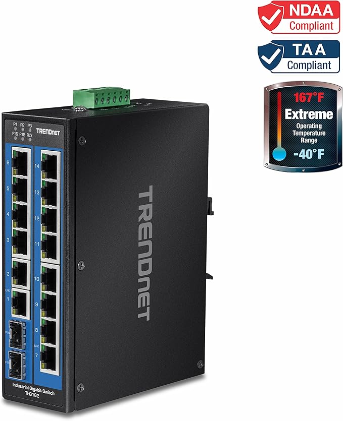 TRENDnet 16-Port Hardened Industrial Unmanaged Gigabit DIN-Rail Switch, TI-G162, 14 x Gigabit Ports, 2 x Gigabit SFP Slots,32Gbps Switching Capacity, IP30 Ethernet Network Switch, Lifetime Protection