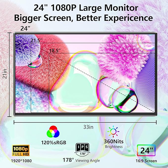 1080P Portable Monitor 24" 120Hz Travel Monitor 120% sRGB External Second Screen for Desktop Laptop Mini PC MacBook W/Stand HDMI USB-C Gaming Display for PS5/Xbox (OS24-1080P)