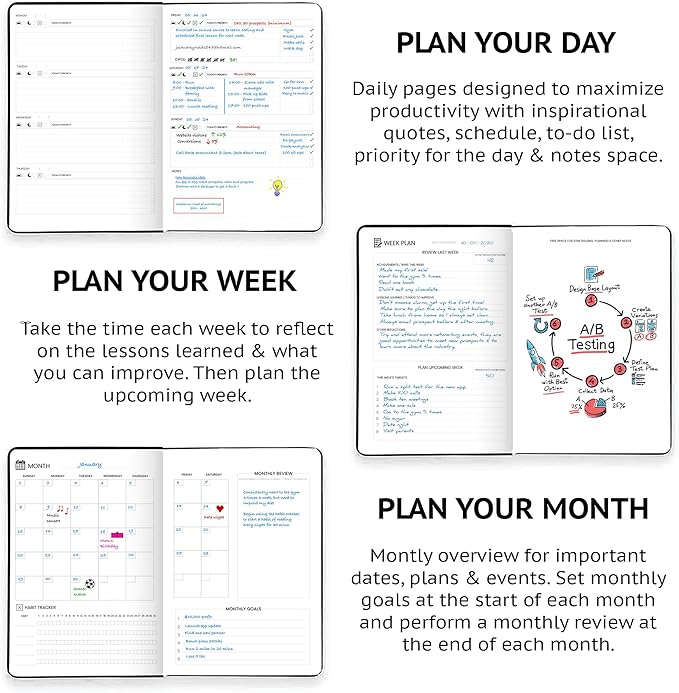 Undated Daily Planner – 1-Year B5 Productivity Organizer with Two-Page Weekly Spread, Goal Setting, Habit Tracker, Weekly & Monthly Pages – Hardcover Time Management Notebook (Black)