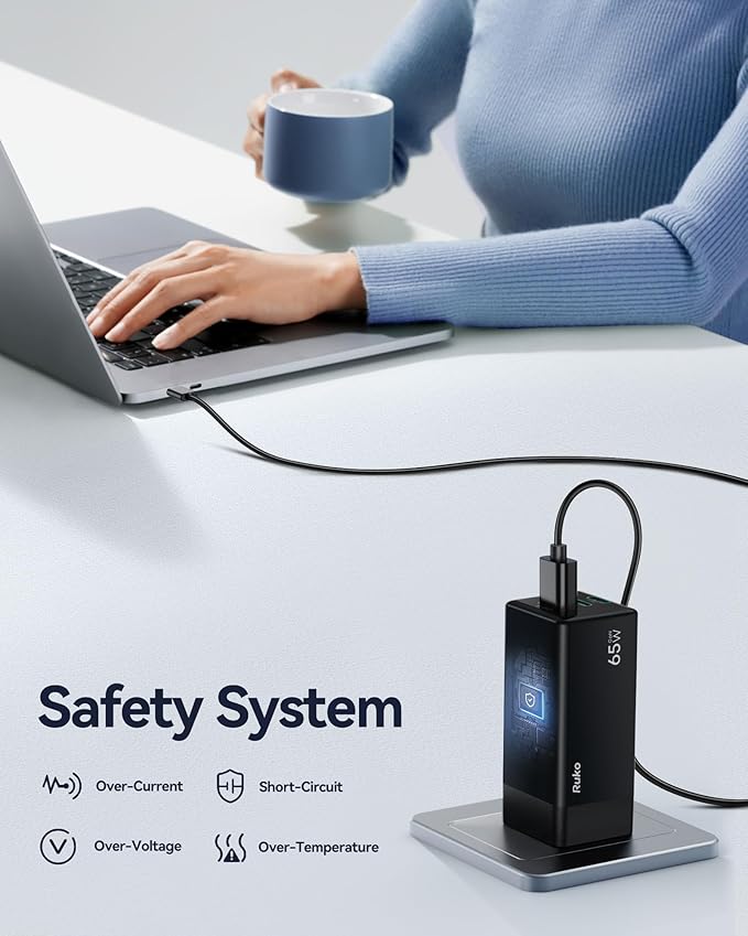 Ruko 65W USB C Charger, 3 Port International Travel Charger Kit, GaN Fast Charging Block with Portable Bag, UK EU Plug for iPhone 17/16, Galaxy S24, MacBook, iPad, Drones and More