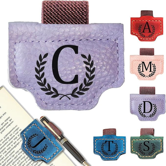 Personalized Bygone Mark Bookmark with Pen Holder, Leather Magnetic Bookmark 26 Letters Name Initial Bookmarks for Readers, Book Lover Gifts for Women Men Notebook Accessories (Purple, C)