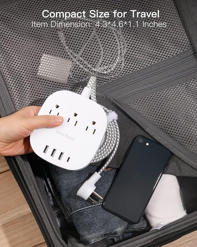 PD 20W USB C 3 Outlet 4 USB Ports Flat Plug Power Strip No Surge Protector for Cruise Ship Travel, 5 ft Long Extension Cords, Power Delivery, Desktop Power Strip for Dorm Home Office