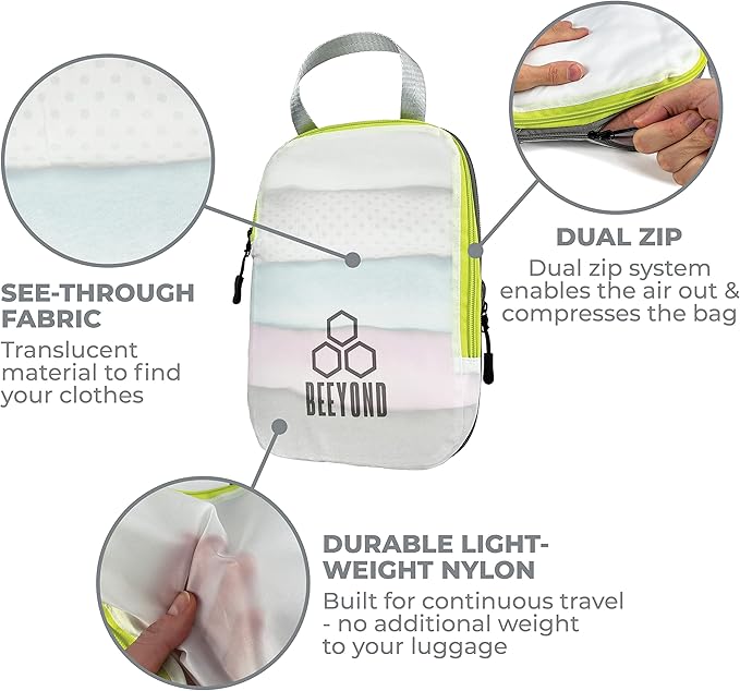 Beeyond Compression Packing Cubes Set - 6 Pieces for Travel and Luggage Organization, Includes Large & Small Cubes, Accessories Bag, and Laundry Bag