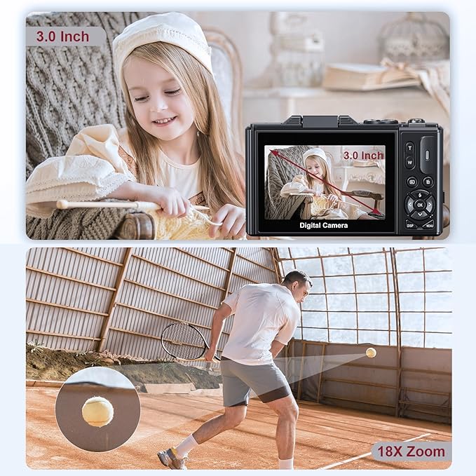 Digital Cameras for Photography - 5K 75MP Vlogging Camera for YouTube WiFi - UHD Autofocus Vlog Camera 3" 180° Flip Screen with 18X Zoom - Travel YouTube with 32GB SD Card, 2 Batteries