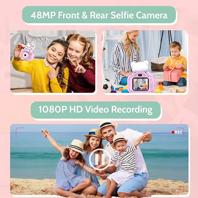 Kids Camera for Girls Age 3-8, Selfie Digital Camera for Kids, Children Toddler Camera for Chritmas Birthday Festival Gifts with Cute Protective Cat Case & 16GB TF Card, Pink