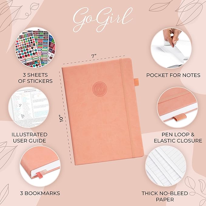 GoGirl Planner PRO Schedule - Undated Planner with Hourly Time Slots, Monthly, Weekly & Daily Organizer, Appointment Book for time Management, 7"x10" Hardcover, Lasts 1 Year - Peach Pink