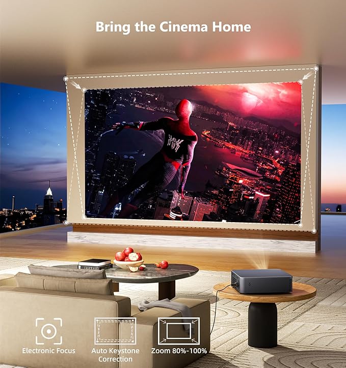 Projector with WiFi and Bluetooth, Native 1080P Portable Outdoor Movie Short Throw Projector with Android 14, Built-in Speaker, Compatible with Smartphone, Fire TV Stick, HDMI/USB