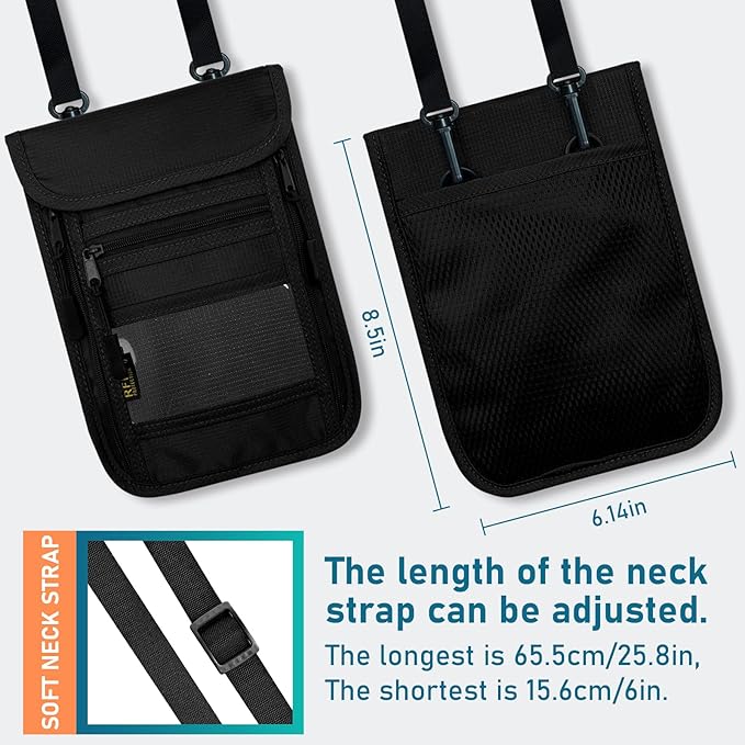 sundee Travel Neck Wallet with Double Zippers, RFID Blocking Passport Holder with Adjustable Neck Strap for Men and Women to Keep Cash, Credit Cards and Travel Documents Safe - Black