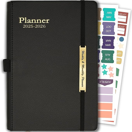 Day Planner 2025-2026, Hardcover Weekly & Monthly Planner from Jul 2025-Dec 2026, 18 Month Calendar 2025 with Tabs & Pocket, A5 Size, Black