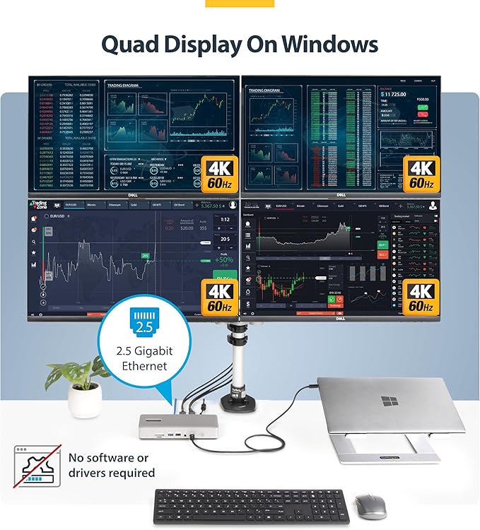 StarTech.com Universal USB4 & Thunderbolt 4 Docking Station, Quad Display on Windows, Dual Display on MacBook, HDMI DP Dock with 98W Laptop Charging