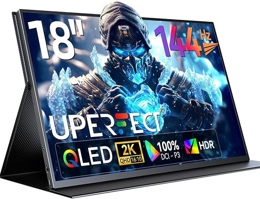 UPERFECT 18" QLED Portable Monitor, 2K 2560×1600, 144Hz Gaming Display, 500 Nits Brightness, FreeSync HDR, 100% DCI-P3, Ultra-Slim USB-C/HDMI Monitor for Laptop MacBook Phone Game Console, VESA Mount