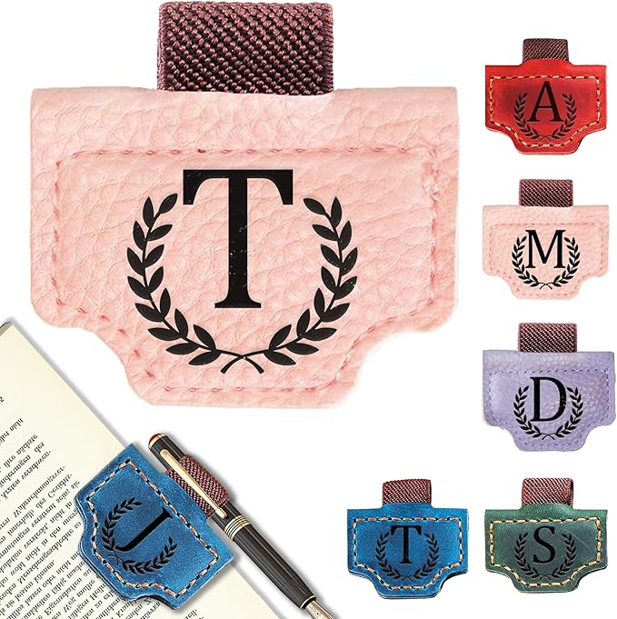 Personalized Bygone Mark Bookmark with Pen Holder, Leather Magnetic Bookmark 26 Letters Name Initial Bookmarks for Readers, Book Lover Gifts for Women Men Notebook Accessories (Pink, T)