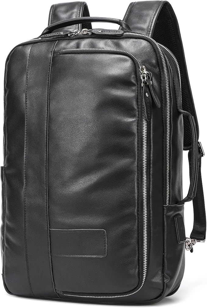 LANNSYNE Vegetable Tanned Leather Backpack for men, Expandable Leather Backpack Fits 15.6 Laptop, Tote Shoulder Travel Bag Rucksack