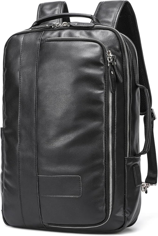 LANNSYNE Vegetable Tanned Leather Backpack for men, Expandable Leather Backpack Fits 15.6 Laptop, Tote Shoulder Travel Bag Rucksack