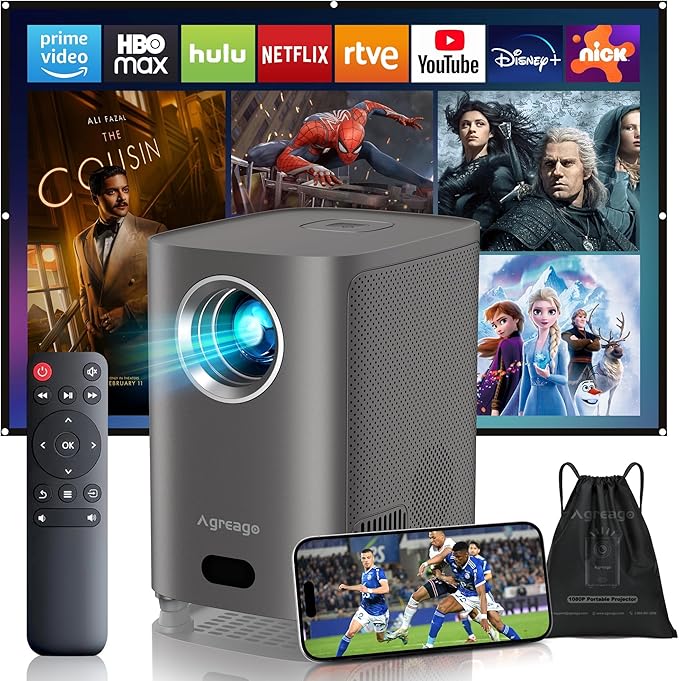[Electric Focus] Projector with WiFi and Bluetooth, Native 1080P 15,000 Lumens 4K Supported, Agreago Outdoor Movie Projector for Home Theater UP to 300", for iOS/Android/TV Stick/HDMI/USB