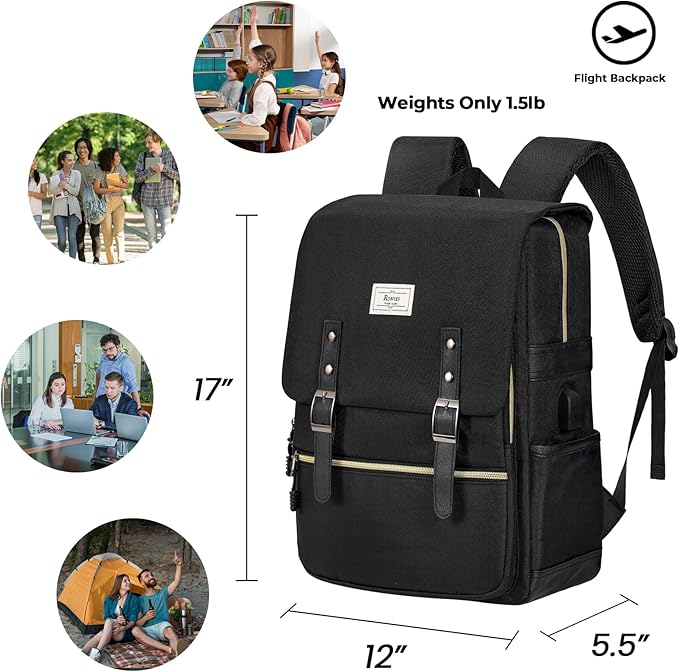 Ronyes Vintage Laptop Backpack for Women Men,15.6 inch Bookbag Casual Daypack with USB Charging Port for College Work, All Black Backpacks