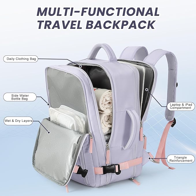 Beraliy Travel Backpack for Women, Airline Approved Backpack, Carry On Backpack,17.3 Inch Laptop Backpack,Personal Item Bag for College Weekender Business Hiking, Purple