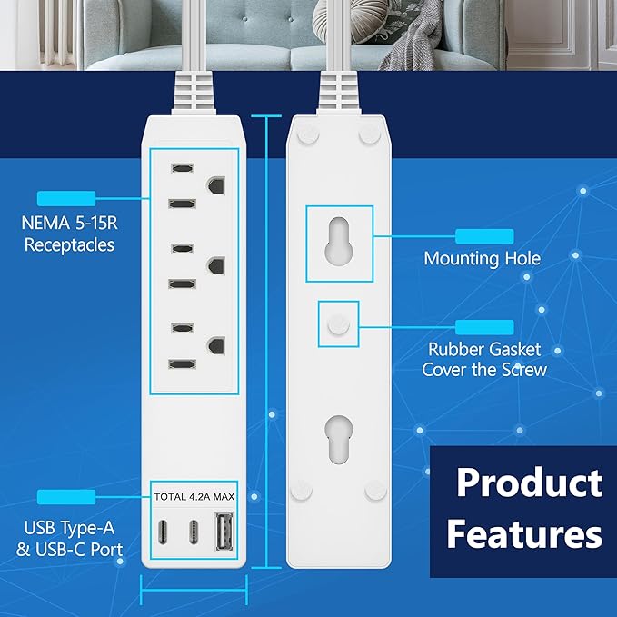 LIDER Outlet Extender with 3 Receptacles, USB Type-A, and 2 USB Type-C Port, Ultra-Thin Flat-Plug with Cord Extender, 3-Outlet Power Strip, Slim Angled Design, 5ft Cord, UL-Listed, White, 2 Pack