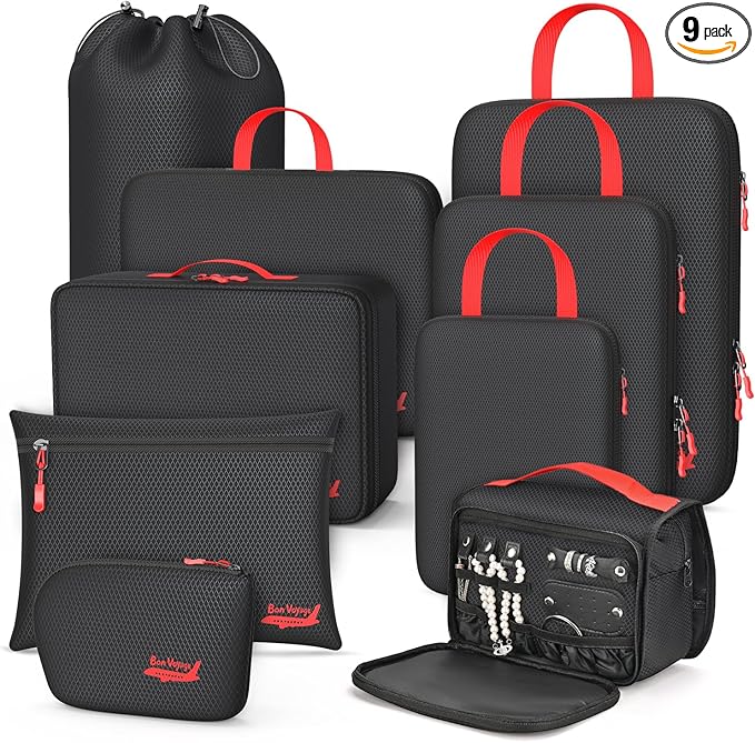9 Set Compression Packing Cubes for Travel, Waterproof Organizer Set with Underwear Bag, Hanging Toiletry Bag, Shoe Bag, Laundry Bag & Digital Pouch (Black)