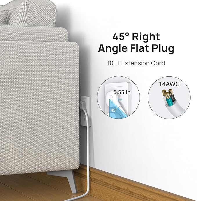 TROND Surge Protector Power Strip 10ft, ETL Listed, Flat Plug Long Extension Cord with 2 USB A and 1 USB C, 7 Widely-Spaced Outlets, Wall Mountable, 1700 Joules, White