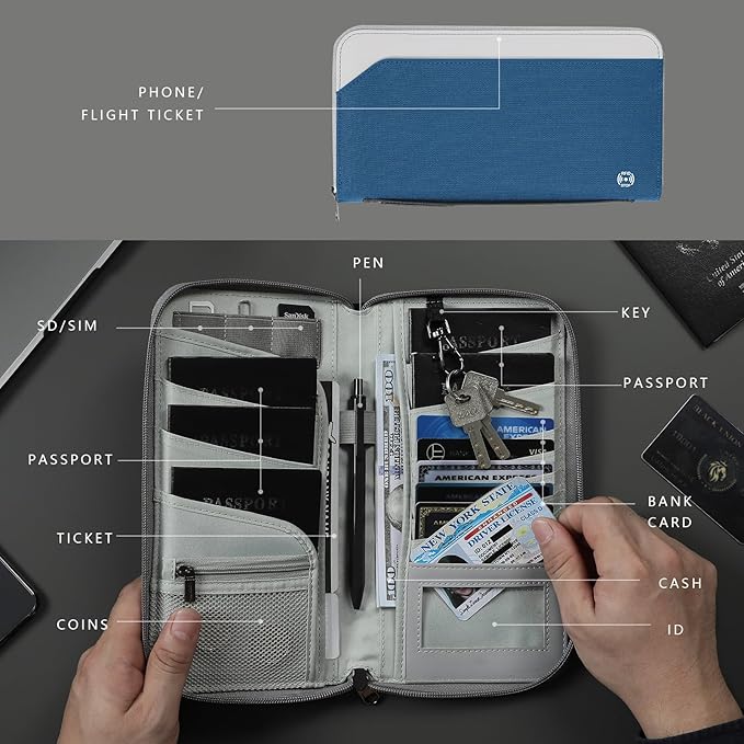 Travel Passport Holder for Family - RFID Large Travel Passport Wallet with Airtag & Card Holder Women Men, Lightweight Passport Cover Case Travel Document Organizer with Zipper Pocket,Navy Blue