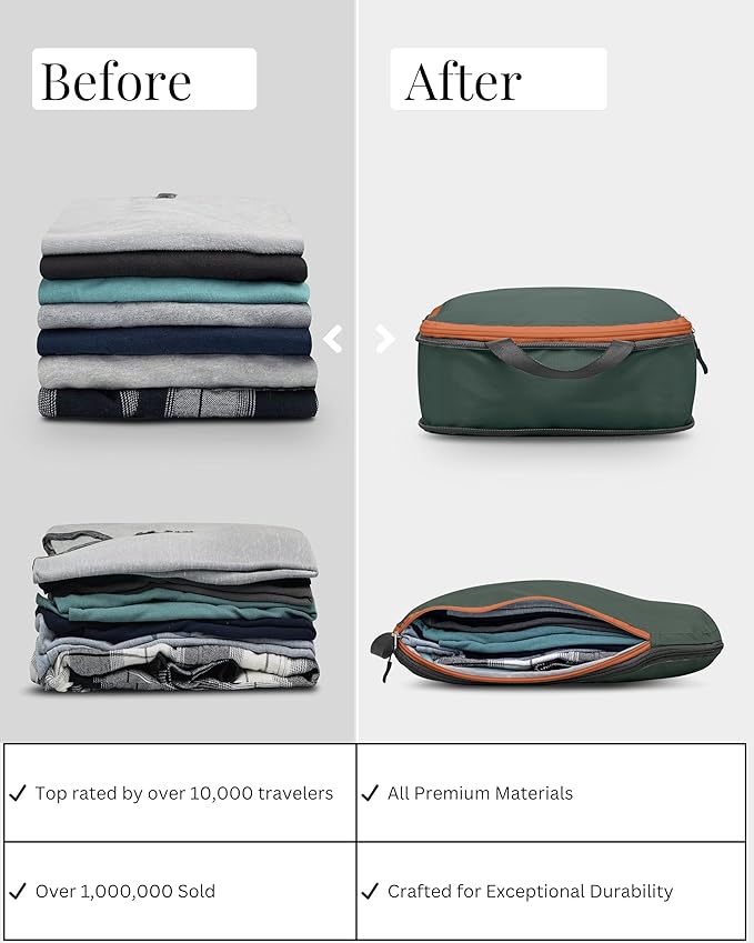 Large Compression Packing Cubes for Travel-Packing Cube Luggage Organizers 7 Piece Set for Checked Luggage-Ultralight, Expandable/Compression Bags by TRIPPED Travel Gear (Green and Brown)