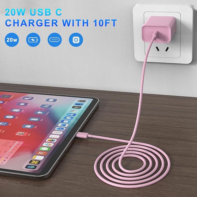 iPhone 17 16 15 Charger Fast Charging, 3 Pack PD 20W USB C Charger with 10FT Cord, USB C Cable Type C Chargers Block for iPhone 17/17 Pro/17 Pro Max/16/16 Plus/16 Pro/16 Pro Max/15/15 Pro（Pink）