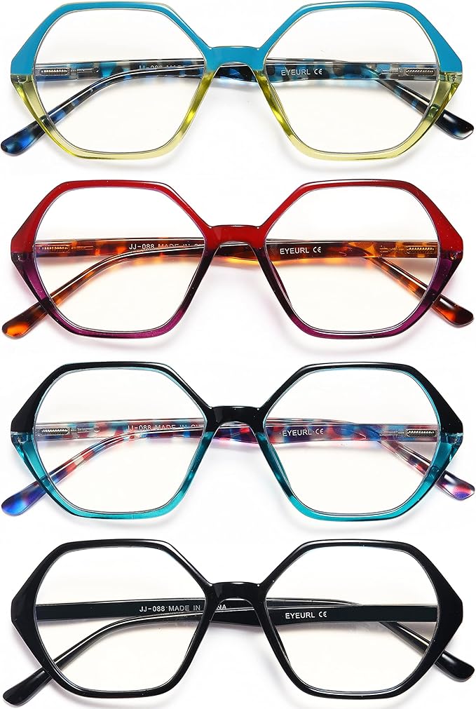 EYEURL Reading Glasses for Women 4-Pack Blue Light Blocking Reading Glasses Vintage Design Diamond-Shaped Frame Spring Hinge Readers Anti Glare Filter Lightweight Eyeglasses,2.25
