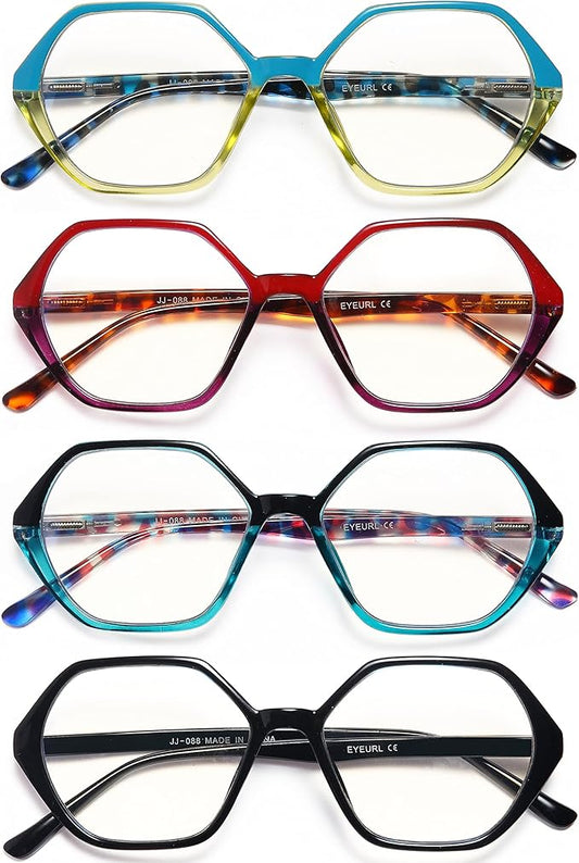 EYEURL Reading Glasses for Women 4-Pack Blue Light Blocking Reading Glasses Vintage Design Diamond-Shaped Frame Spring Hinge Readers Anti Glare Filter Lightweight Eyeglasses,3.25