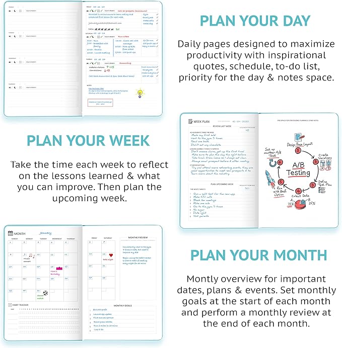 Undated Daily Planner – 1-Year B5 Productivity Organizer with Two-Page Weekly Spread, Goal Setting, Habit Tracker, Weekly & Monthly Pages – Hardcover Time Management Notebook (Turquoise)
