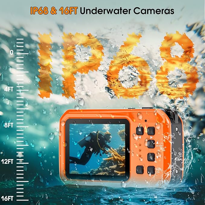 4K Underwater Camera, 64MP 16FT Waterproof Digital Camera with 32GB Card, Autofocus Floatable Waterproof Camera with IPS HD Screen, 16X Digital Zoom, Fill Light, for Snorkeling, Surfing, Orange