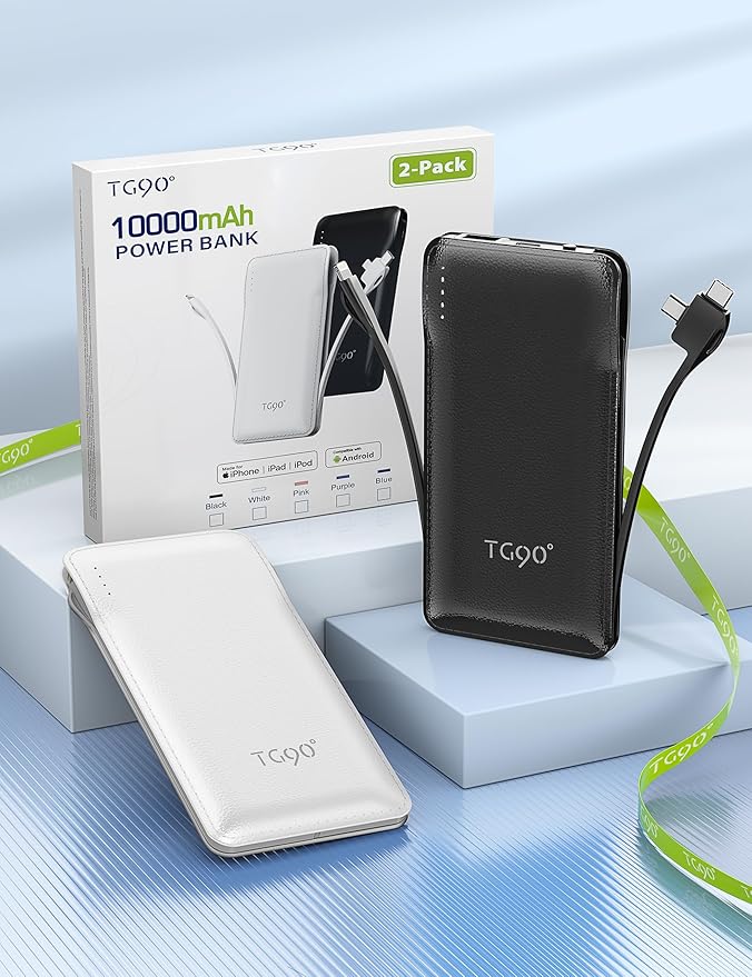 TG90° 2 Pack 10000mAh Slim Portable Charger with Built in Cables,Power Bank Travel Charger Cell Phone External Battery Pack,4 Output External Battery Pack Compatible with iPhone Android Phone