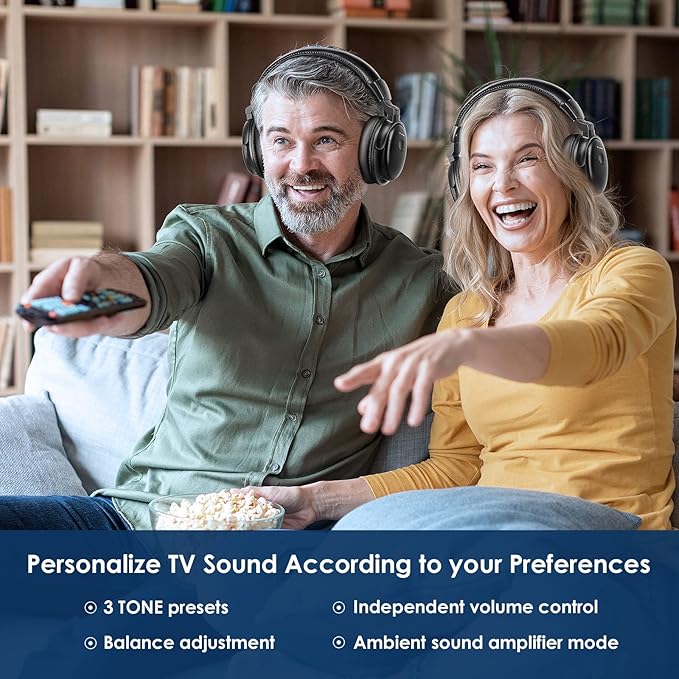 SIMOLIO Dual Wireless Headphones for TV Watching w/ 2.4G Transmitter & Charging Stand & Spare Battery, Dialog Clarifying, By-pass, Tone & Balance Control, Clear Voice for Seniors, 100FT Range, SM829D2