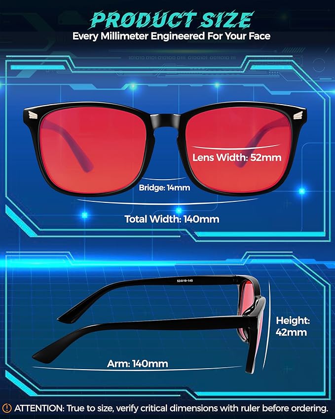 2 Packs Professional Sleep Glasses with 99.9% Blue Light Blocking Dual AR Coatings Red Lens, Computer Gaming Glasses for Men Women, Anti Fatigue & Eye Strain