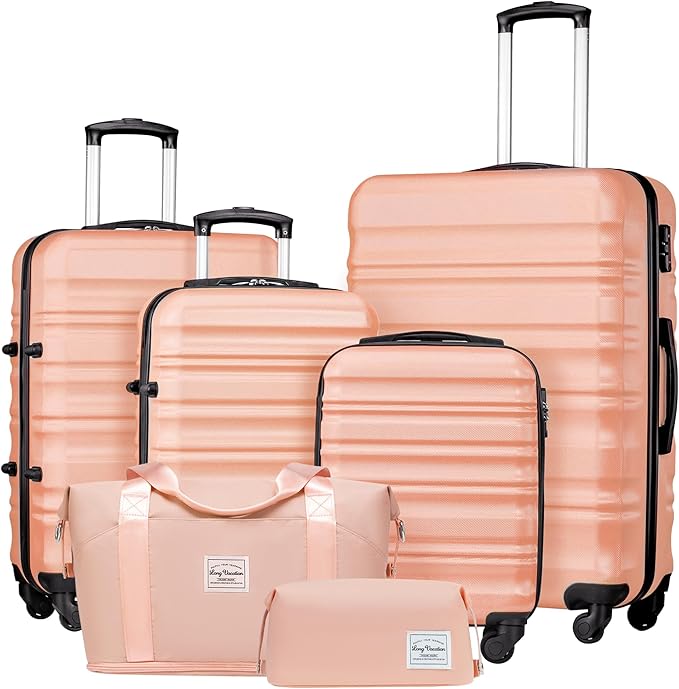 LONG VACATION 6 Piece Luggage Set Carry on Suitcase with ABS+PC hardshell, Spinner Wheels & YKK Zipper TSA Lock (PINK, 6 piece set)