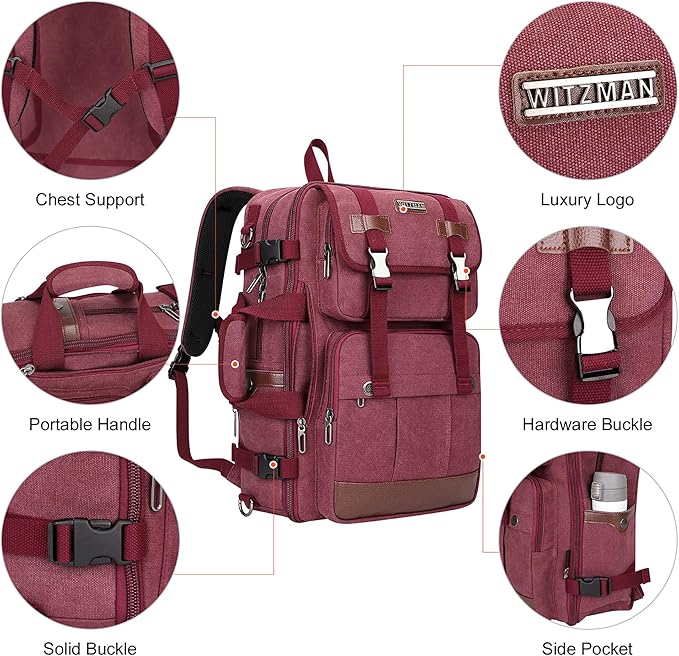 WITZMAN Canvas Travel Backpack for Women Large Laptop Backpack Fit 17 inch Carry-on Airline Approved Convertible Shoulder Rucksack(A6617-3 Red)