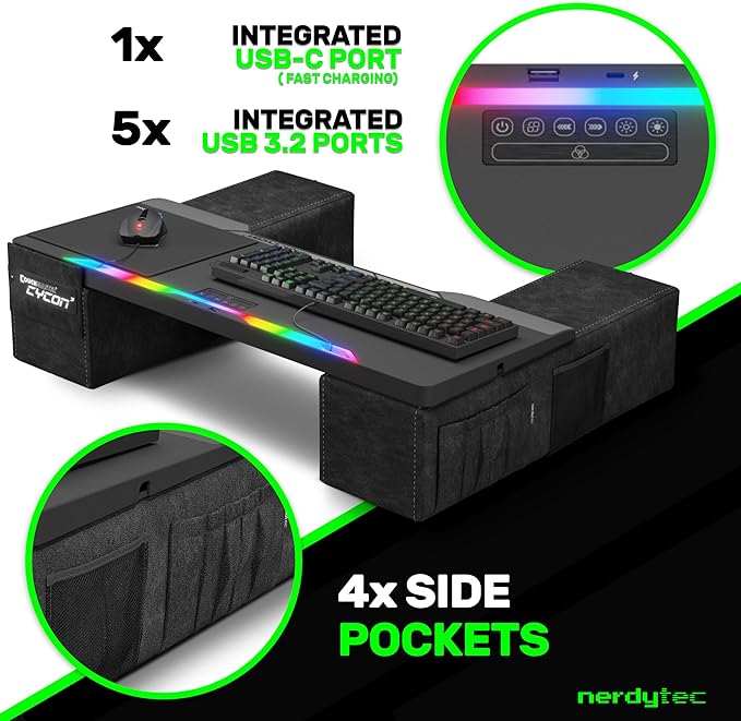 Couchmaster CYCON³ HORIZONLIGHT Bar, Ultimate Ergonomic USB-Hub Gaming Lap Desk for Couch and Bed, Large, Stable and Compatible with All Keyboards and Mouse/Mice, Laptops, PCs, PS4/5, Xbox