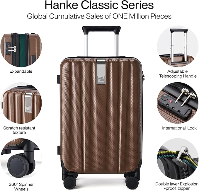 Hanke Expandable Hard Shell Luggage Sets 2 piece Carry on Luggage with Wheels Suitcases Lightweight Checked TSA Luggage Rolling Large Suitcase Travel Luggage Bag Woman Men 20/29 Inch(Brown)