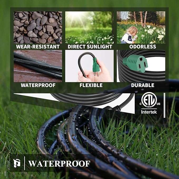 PLUGTUL 8 FT Extension Cord Waterproof, 16/3 Black Heavy Duty 3 Prong Extension Cord, 13A 1625W SJTW, ETL Listed, Great for Garden and Home