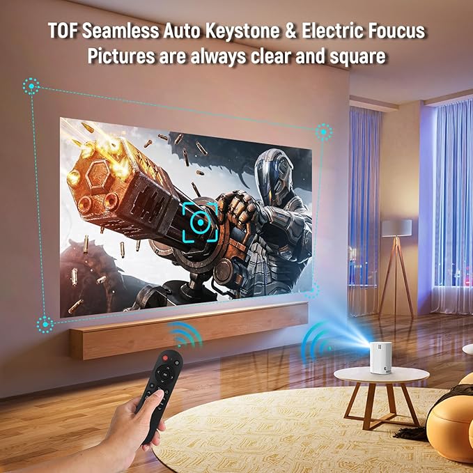 Projector 4K with WiFi and Bluetooth, Portable Projector with Sensorless Auto Focus, Outdoor Movie Projector 120'' Screen Compatible with HDMI/USB/Smartphone/PC/Laptop