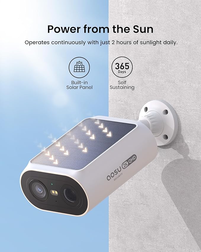AOSU Solar Security Cameras Wireless Outdoor, 2Mins DIY Installation, No Subscription Cameras for Home Security System, Local Storage, 2K Color Night Vision for Surveillance, 2.4&5ghz WiFi, 2 Cam-kit