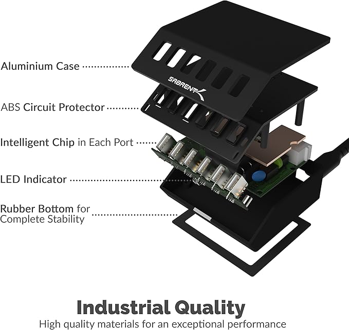 SABRENT Premium 60 Watt (12 Amp) 6 Port Aluminum Family Sized Desktop USB Rapid Charger.[UL Certified ] Smart USB Charger with Auto Detect Technology [Black] (AX-FLCH-B)