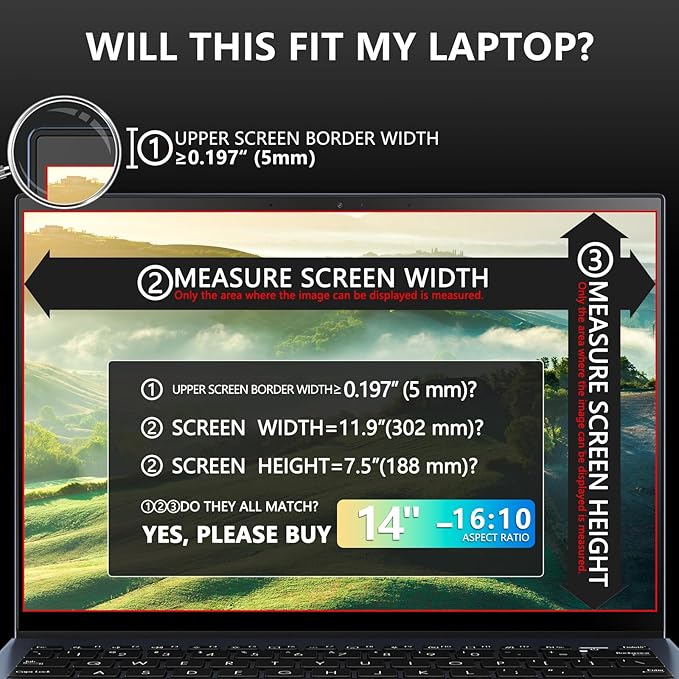 FILMEXT Magnetic Laptop privacy screen 14 inch for 16:10 Widedisplay, Removable Laptop Privacy Screen Shield Anti Glare Blue Light Filter for HP/Dell/Acer/Lenovo/Asus