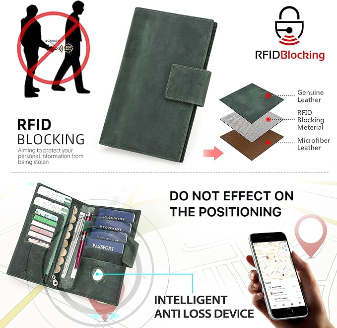 Top Grain Leather Travel Passport Wallet Holder for Man & Woman, Snap Button Design for 4 Passports & Multi Cards, RFID Blocking Large Capacity for Passports/Cards/Checks/Bills, Coffee